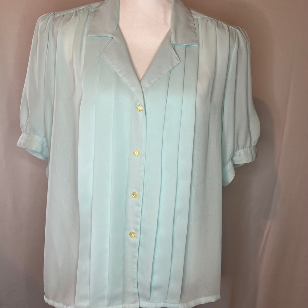 Vintage Mervyns For Her Mint Green Pintuck Pleated Blouse Size 16 Short Sleeve